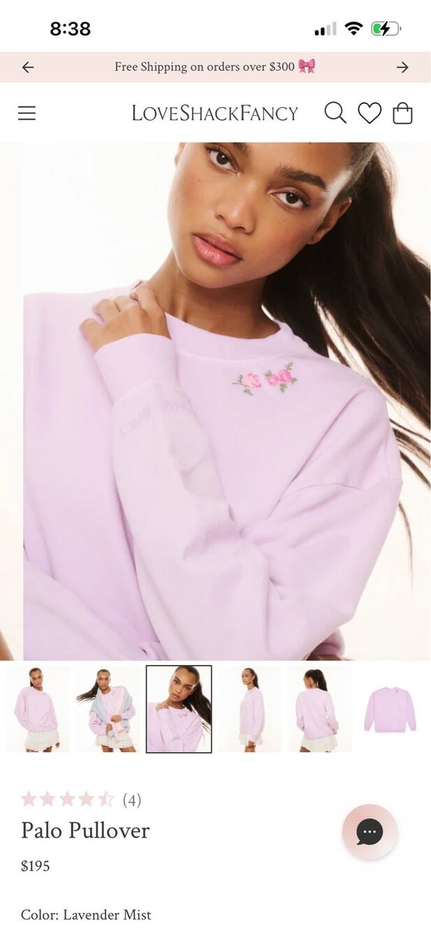 the LoveShackFancy Palo Pullover in powder pink, hand-embroidered floral 195$